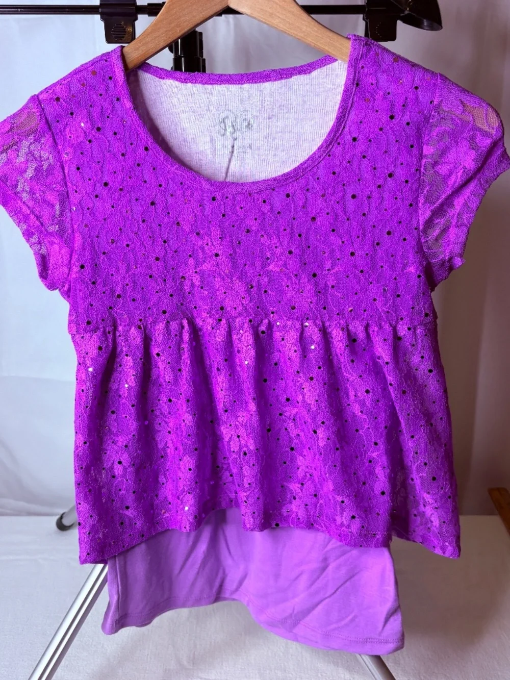 Justice Girls Purple Lace Overlay/Sequins Babydoll Sparkly Top Size 10 Y2K